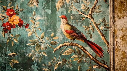 Vintage wallpaper showcasing a Roman botanical garden with elegant bird and floral designs