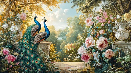Vintage botanical garden mural featuring a forest landscape with peacocks and detailed flower vases