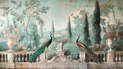 A luxurious Roman- mural a forested garden, featuring peacocks, birds, and classical flower vases