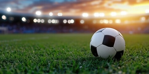 Fototapeta premium Soccer stadium - field view, silent arena, untouched grass, game absence, architectural design, quiet ambiance, sports venue, open space, goalposts, structural elegance, still environment.