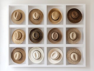 Classic hat designs framed in a clean geometric arrangement, neutral tones