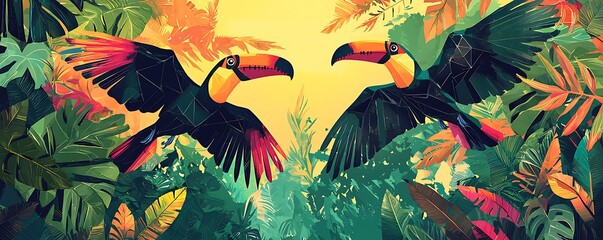 Illustrated poster toucans with stylized geometric wings flying through vibrant canopies, Swiss