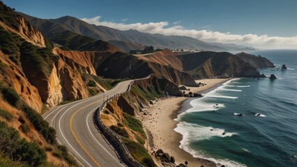 California’s Pacific Coast Highway with a winding coastal road and scenic cliffs