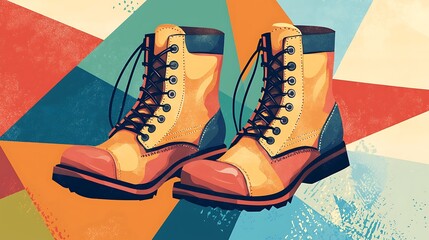 Illustrated vintage boots with geometric laces and bold backgrounds