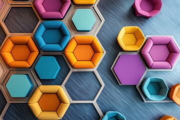 Overlapping hexagons interlocked into a seamless workplace design