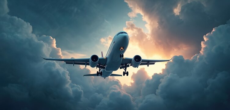 Illustration of aircraft flies through dramatic stormy clouds at dusk sky. Jet airplane passenger flight in bad weather. Commercial aviation transport business travel concept.