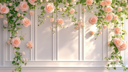 A beautifully crafted floral frame, blooming with pastel roses and jasmine vines, gracefully...