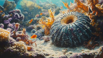 Underwater coral reef scene with sea urchin, fish, and crustaceans; vibrant colors; marine life habitat; ideal for nature documentaries or educational materials