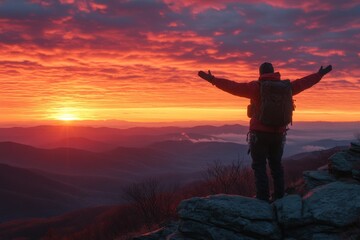Fototapeta premium Sunset silhouette of a hiker standing on a mountain peak