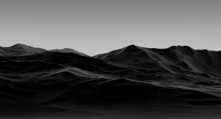 Black mountain landscape on the sky horizon,rocky relief stone surface,abstract design,wallpaper.3D render
