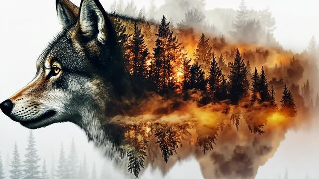 Creative artwork showcasing a wolf blending with a forest and fire