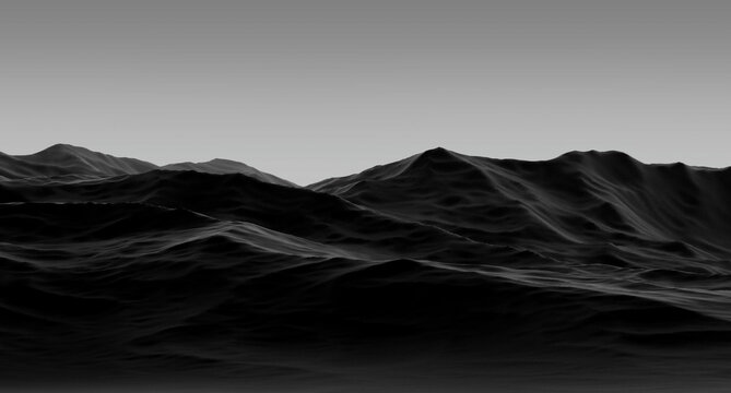 Black mountain landscape on the sky horizon,rocky relief stone surface,abstract design,wallpaper.3D render