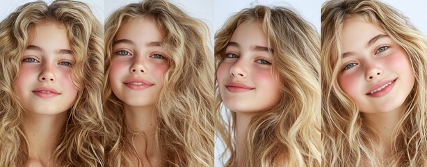 Beautiful Teenage Girl with Long Blonde Wavy Hair - Four Expressions