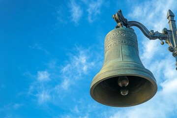 Lone brass bell suspended against a clear blue sky