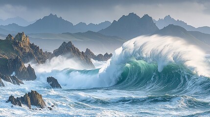 Dramatic coastal waves crashing against jagged rocks, misty mountain backdrop. Suitable for nature photography, travel inspiration
