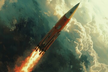 Obraz premium Dynamic rocket launch with bright flames and smoke against a dramatic sky