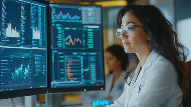 A senior Hispanic female data scientist reviews reports in the risk management department while a diverse team of consulting employees works at their desktop computers in a monitoring room. - Powered by Adobe