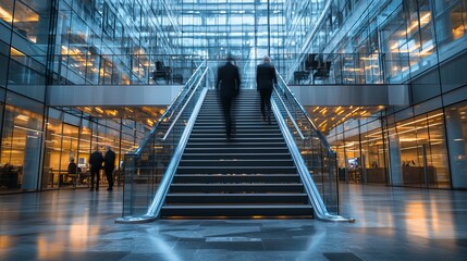 Silhouetted figures ascending a sleek staircase in a modern, ambient-lit office space.