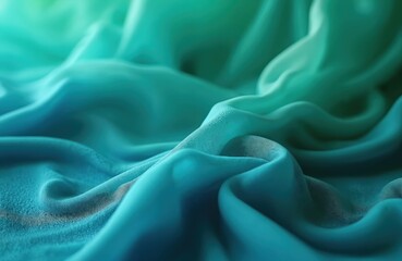 Obraz premium Illustration of turquoise, green, blue gradient paint creating textile texture. Soft satin silk cloth waves, blurred material with light, shadow abstract background. Decorative colorful wallpaper