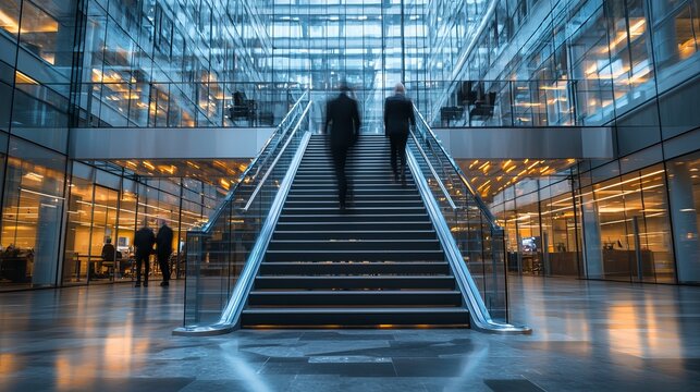 Silhouetted figures ascending a sleek staircase in a modern, ambient-lit office space.