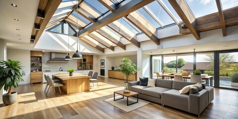 Obraz premium Sleek modern flat house with angular skylights, wooden beams and minimalist decor, sleek building design, open-plan layout
