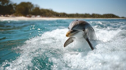 Dolphin leaping in ocean waves, beach background, wildlife, nature, photo