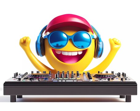recommend clip art: A smiling yellow emoji with blue sunglasses and a red cap, wearing headphones and playing music at a DJ console