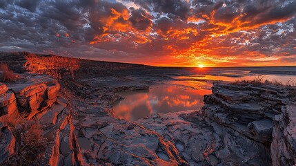 Dramatic sunset over rocky lake shore.  Possible use Nature photography, stock photo
