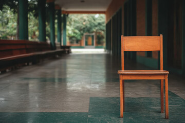 A wooden chair is sitting in a hallway