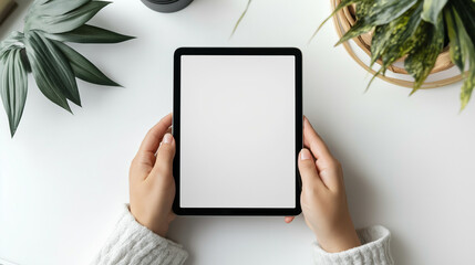 hands holding blank horizontal tablet mock up isolated on white   background