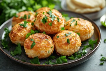 Plate of golden brown dumplings garnished with fresh herbs