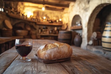 Obraz premium Cozy rustic dining scene with bread and wine in a charming stone restaurant