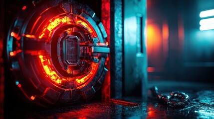 Futuristic vault door glows red, dark room, broken chain