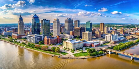Fototapeta premium Panoramic aerial view of downtown Louisville overlooking the Ohio River with the iconic Louisville skyline and riverfront buildings in the foreground, ohio river, downtown