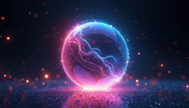 Abstract luminescent sphere pulsating with vivid neon energy. Magical glowing particles and waves. High-colored blue, purple electric ball curve glare sparkle bright shine radial effect.