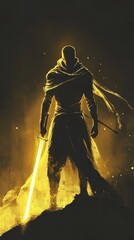 Naklejka premium A cloaked figure stands with a glowing sword in darkness