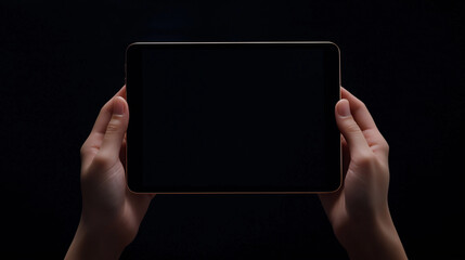 hands holding blank horizontal tablet mock up isolated on black   background