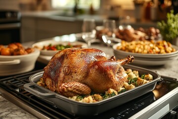 Fototapeta premium Perfectly roasted chicken on a tray surrounded by vegetables