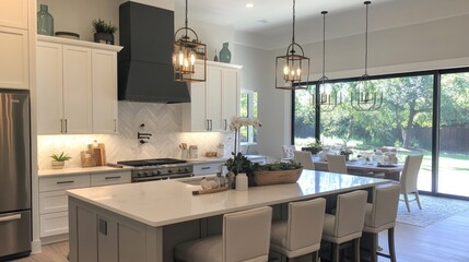 Modern Farmhouse Kitchen with Island and Sliding Glass Doors to Backyard