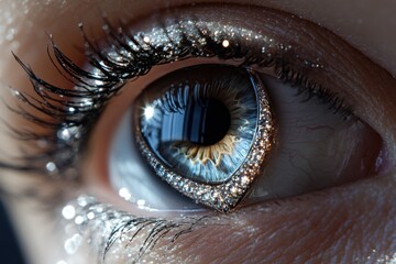 Naklejka premium Macro shot of a human eye reflecting futuristic digital details