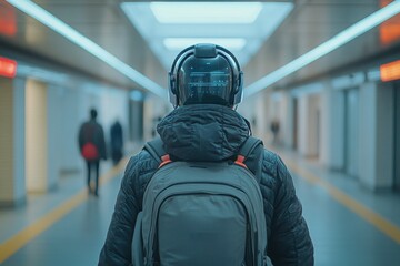 Fototapeta premium Back view of a traveler with a backpack standing on a train platform