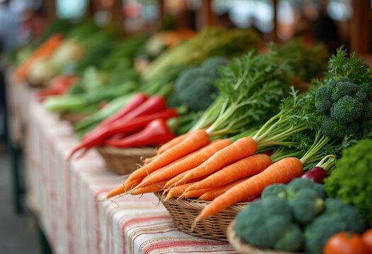 Fresh vegetables in baskets displayed at market stall. Carrots, broccoli, red bell peppers assortment for sale. Healthy nutrition raw food, vegetarian diet.