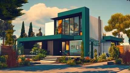 Modern house exterior, sunset, landscaped yard, suburban neighborhood, real estate listing