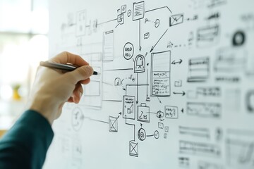 Hand draws complex user interface flow chart on whiteboard