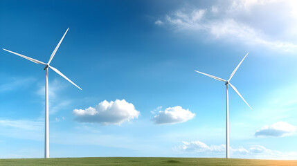 Fototapeta premium Wind turbines generating green energy on a sunny field