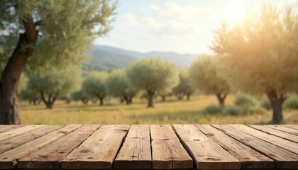 Empty rustic wooden table with olive tree garden background. Old wood tabletop platform for product presentation. Farm with blurred olive trees, rural nature, agriculture, eco food concept. Template