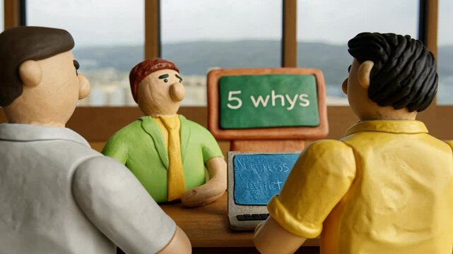 5 WHY analysis concept, Clay figures in a business meeting discussing strategy.