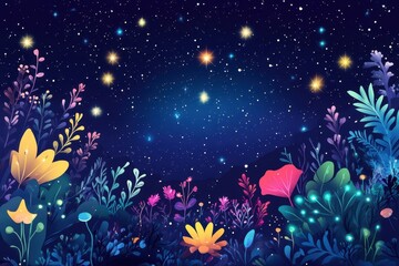 Vibrant floral garden shines brightly under a starry night sky