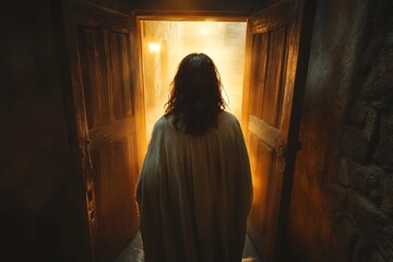 Silhouette of a person standing in a dark corridor with light at the end