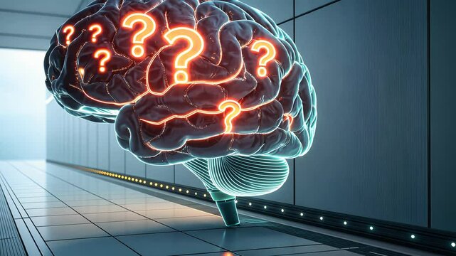 5 WHY analysis concept, Futuristic brain with glowing question marks